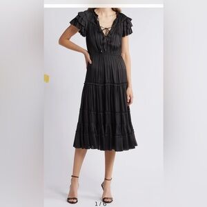 Sam Edelman Black Ruffle Midi Dress Tiered Ruffle Satin Dress